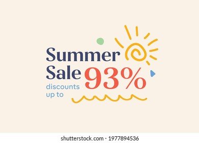 Summer sale banner discount up to 93% vector design. Enjoy Special offer summer sale tag for seasonal shopping discount promo advertisement. Vector illustration