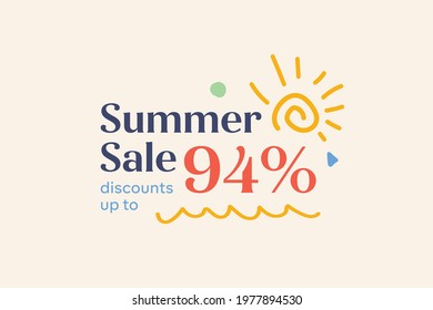 Summer sale banner discount up to 94% vector design. Enjoy Special offer summer sale tag for seasonal shopping discount promo advertisement. Vector illustration