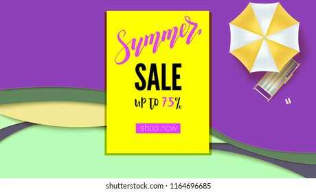 Summer sale. Banner with discount action, promo actions for shops. Hot offer for buyers on abstract background from cut out of paper layers. Get up to seventy five percent discount, shop now