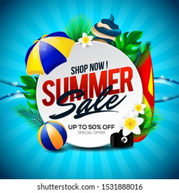 Summer Sale banner discount with element in the beach