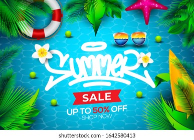 Summer sale banner discount with element in the beach and tagging