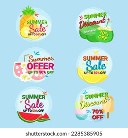Summer Sale banner and discount label collection in flat style.