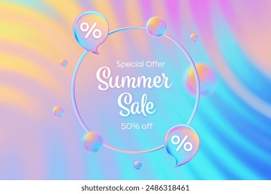 Summer sale banner. Discount percent. Mega sale special offer. Colorful sale poster. Bright sunset and sunrise iridescent sky colors. Blue, purple, orange, pink, yellow. Vector illustration.