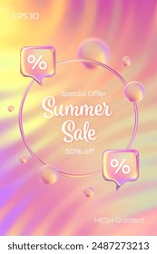 Summer sale banner. Discount percent. Mega sale special offer. Colorful sale poster. Hot sale poster. Bright warm summer iridescent colors. Orange, purple, pink, yellow. Vector illustration.