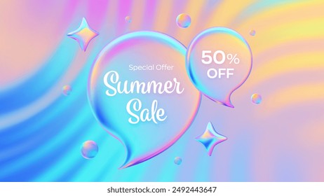 Summer sale banner. Discount percent. Mega sale special offer poster. Colorful iridescent 3d speech bubbles tags. Bright sunset, sunrise sky colors. Blue, purple, orange, yellow. Vector illustration.