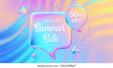 Summer sale banner. Discount percent. Mega sale special offer poster. Colorful iridescent 3d speech bubbles tags. Bright sunset, sunrise sky colors. Blue, purple, orange, yellow. Vector illustration.