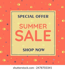 Summer sale banner discount poster with flowers. Hot season discount business concept.