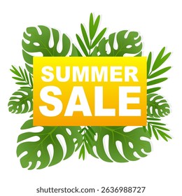 Summer sale banner, discount poster for hot season with tropical leaves. Vector illustration