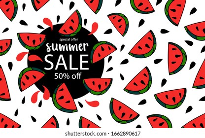 Summer sale banner with doodle watermelon background, exotic fruit design for banner, flyer, invitation, poster, web site or greeting card. flat style, vector illustration