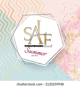 Summer sale banner Elegant beauty luxury golden sale text on a flowers specks background Luxury theme card banner for advertising sale promo discount Beauty spring summer theme of fashion sale Vector