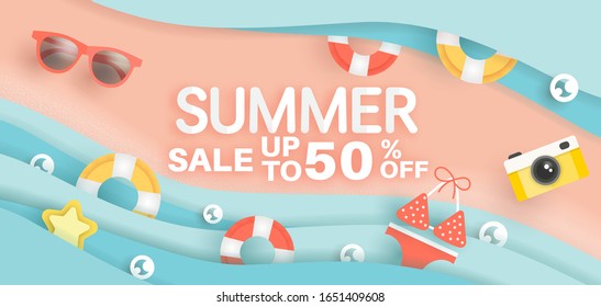 Summer sale banner with summer element in paper cut style for template and banners, wallpaper, posters, brochure, voucher discount.