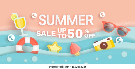 Summer sale banner with summer element in paper cut style for template and banners, wallpaper, posters, brochure, voucher discount.