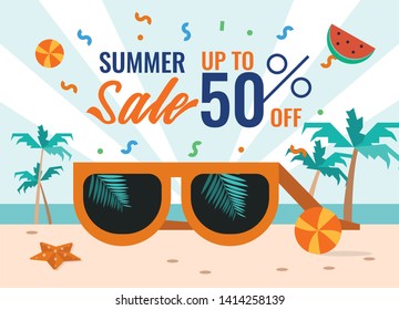 Summer Sale banner. Summer elements.  flat design vector illustration.