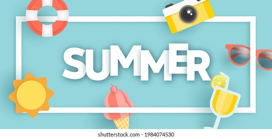Bandera de venta de verano con elementos de verano en estilo de corte de papel