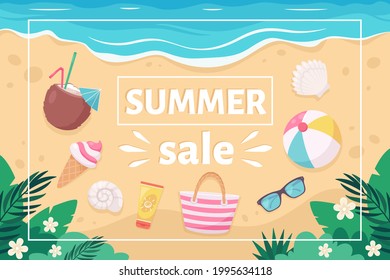 Summer sale banner with summer elements: pina colada, sunglasses, sunscreen, tropical flower, ice cream. Vector illustration