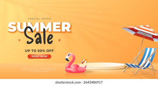 Summer Sale banner with empty 3d podium, beach chair, inflatable flamingo.