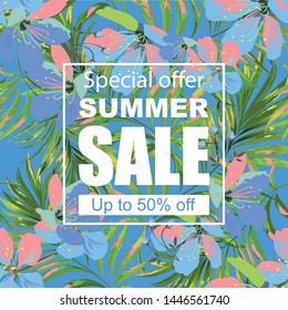 Summer sale banner. Exotic design for banner, flyer, invitation, poster, website or postcard. Vector illustration.