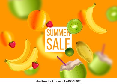 Summer sale banner with exotic flying fruit in realistic style. Tropical concept with banana, green coconut, papaya, strawberry, kiwi. Special offer flyer on orange background