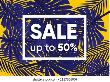 Summer sale banner with exotic jungle plant, tropical exotic palm leaves on purple background. Discount design background with jungle palm Leaves. Nature wallpaper.