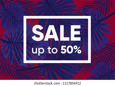 Summer sale banner with exotic jungle plant, tropical exotic palm leaves on purple background. Discount design background with jungle palm Leaves. Nature wallpaper.
