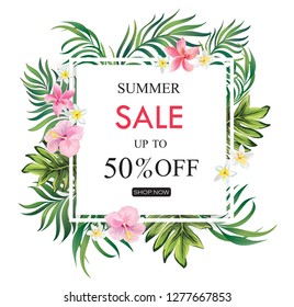 Summer Sale banner with exotic jungle plant, tropical exotic background. Discount design background with jungle palm Leaves. Nature wallpaper - Vector