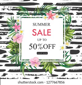 Summer Sale banner with exotic jungle plant, tropical exotic background. Discount design background with jungle palm Leaves. Nature wallpaper - Vector
