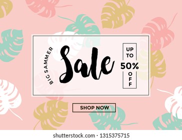 Summer Sale banner with exotic jungle plant, tropical exotic palm leaves on pink and green geometric background. Discount design background with jungle palm Leaves. Nature wallpaper