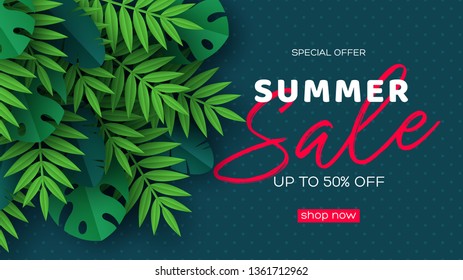 Summer sale banner with exotic jungle tropical palm leaves on dark dotted background. Template for seasonal discounts. Vector illustration.