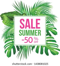 Summer Sale banner with exotic jungle plant, tropical exotic palm leaves. Discount design background with jungle palm Leaves. Nature wallpaper. EPS 10