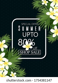 Summer Sale banner with exotic jungle plant, tropical exotic palm leaves on black and white geometric background. Discount design background with jungle palm Leaves. Nature wallpaper