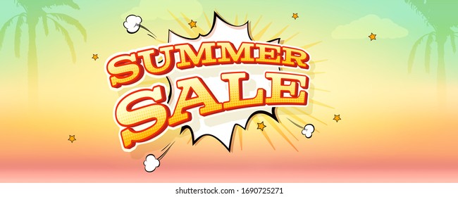 Summer sale banner with exploding speech bubble. Tropical summer background with palms. Design of vector stickers in cartoon style