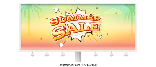 Cartel de la venta de verano con burbujas de habla en el cartel de la ciudad. Fondo tropical de verano con palmeras. Diseño de la publicidad vectorial al estilo de las caricaturas