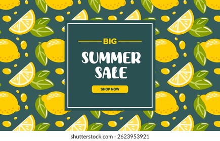 summer sale banner features bright, fresh lemons against a dark green background, creating a vibrant contrast. Perfect for promotions, it captures a cheerful, refreshing vibe ideal for seasonal offers