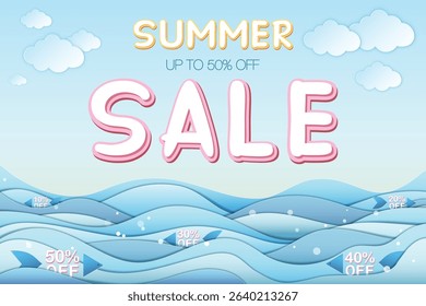 Summer sale banner featuring Summer sale and 50% off inscription, sea, clouds. Banner made in paper craft style, 3D, layered. Vector EPS illustration, eazy to edit