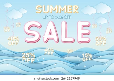 Summer sale banner featuring Summer sale and 50% off inscription, sea, clouds. Banner made in paper craft style, 3D, layered. Vector EPS illustration, eazy to edit