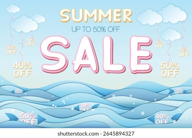 Summer sale banner featuring Summer sale and 50% off inscription, sea, clouds. Banner made in paper craft style, 3D, layered. Vector EPS illustration, eazy to edit