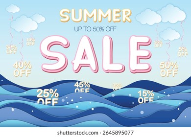 Summer sale banner featuring Summer sale and 50% off inscription, sea, clouds. Banner made in paper craft style, 3D, layered. Vector EPS illustration, eazy to edit