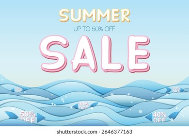 Summer sale banner featuring Summer sale and 50% off inscription and sea. Banner made in paper craft style, 3D, layered. Vector EPS illustration, eazy to edit