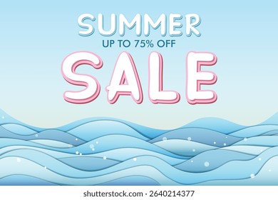 Summer sale banner featuring Summer sale and 75% off inscription and sea. Banner made in paper craft style, 3D, layered. Vector EPS illustration, eazy to edit