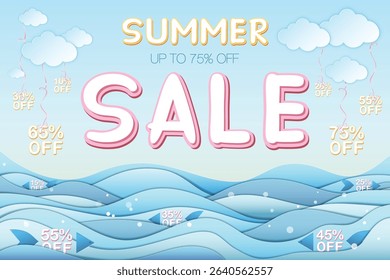 Summer sale banner featuring Summer sale and 75% off inscription, sea, clouds. Banner made in paper craft style, 3D, layered. Vector EPS illustration, eazy to edit