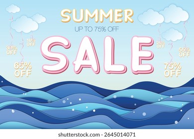 Summer sale banner featuring Summer sale and 75% off inscription, sea, clouds. Banner made in paper craft style, 3D, layered. Vector EPS illustration, eazy to edit