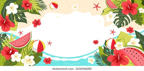 summer sale banner featuring tropical leaves, flowers, watermelon slices, beach balls
