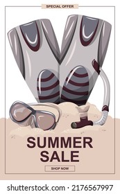 Summer sale banner with fins, mask and snorkel for swimming. Vector illustration of a colorful template in a flat cartoon style. Summer flyer for beach holidays, summer sale, party concept. 