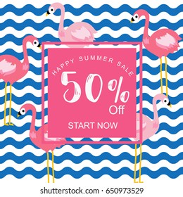 Summer sale banner with flamingo background