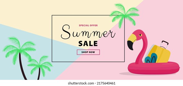Summer sale banner with the flamingo inflatable ring. Vector illustration 