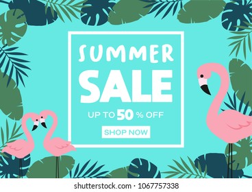 Summer Sale banner with Flamingo, Tropical Leaves Background. Vector illustration