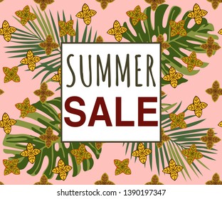 Summer sale banner with flamingo and tropical leaves background, exotic floral design for banner, flyer, invitation, poster, web site or greeting card. Vector illustration