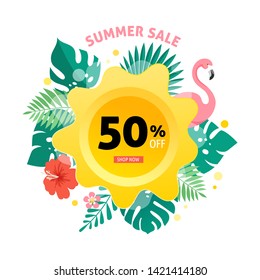 Summer sale banner with flamingo and tropical leaves background, exotic floral design for banner, flyer, invitation, poster, web site or greeting card. Vector illustration 