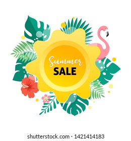 Summer sale banner with flamingo and tropical leaves background, exotic floral design for banner, flyer, invitation, poster, web site or greeting card. Vector illustration 