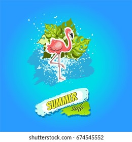 Summer Sale banner with flamingo and tropical leaves.